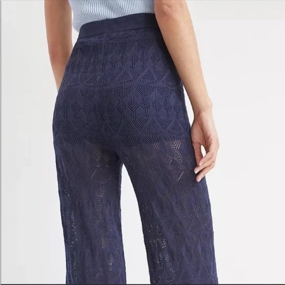 Anthropologie Navy Flat White Pointelle Wide Leg Pants Knit Size Medium NWT - Picture 2 of 9